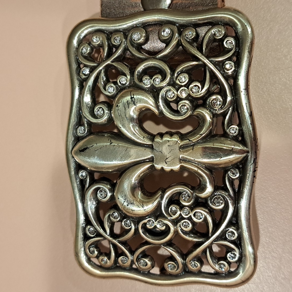 Miss Me Rhinestone Fleur de Lis Buckle Perforated Metallic Brown Leather Belt